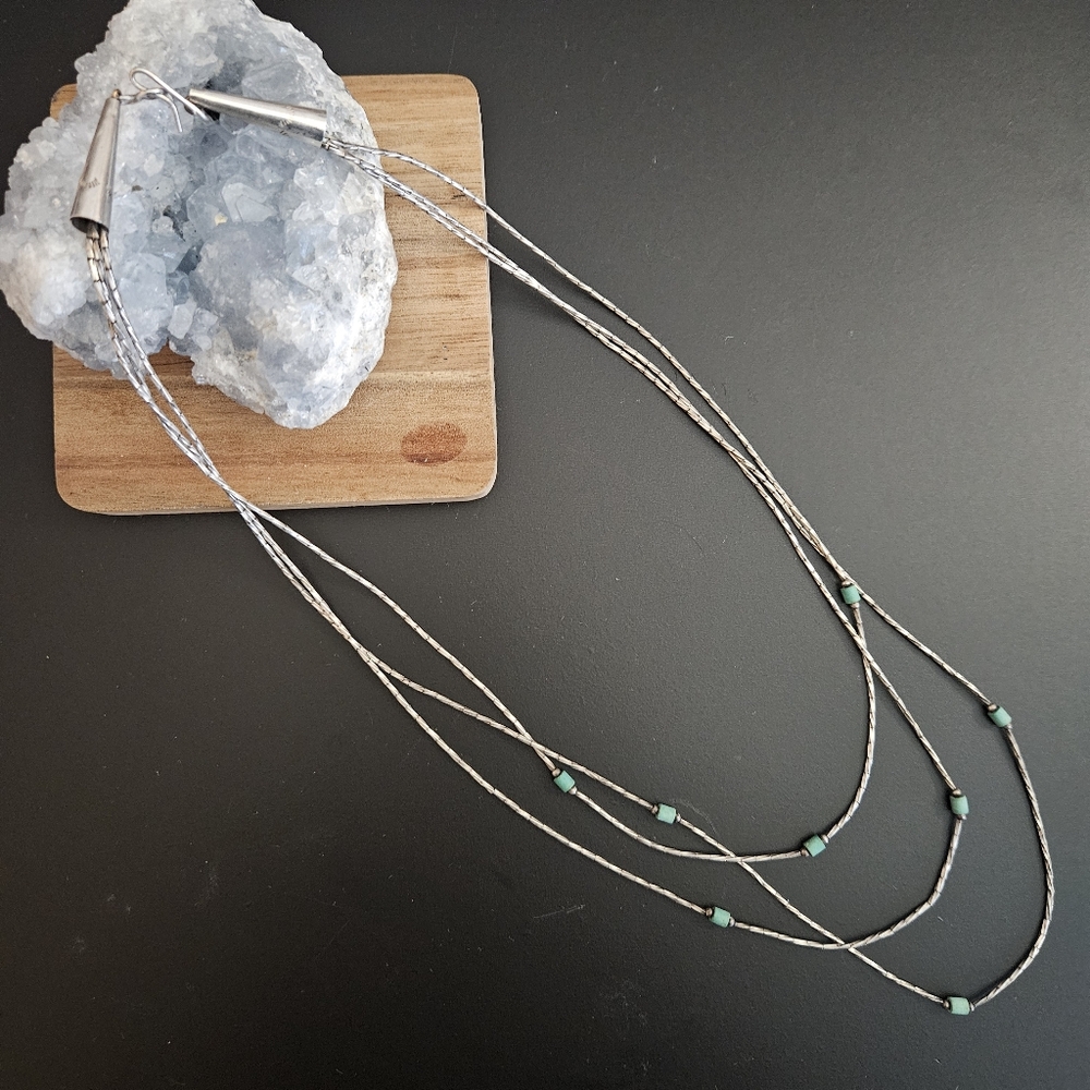 Handmade Liquid Silver Turquoise Beaded Necklace Triple Strand